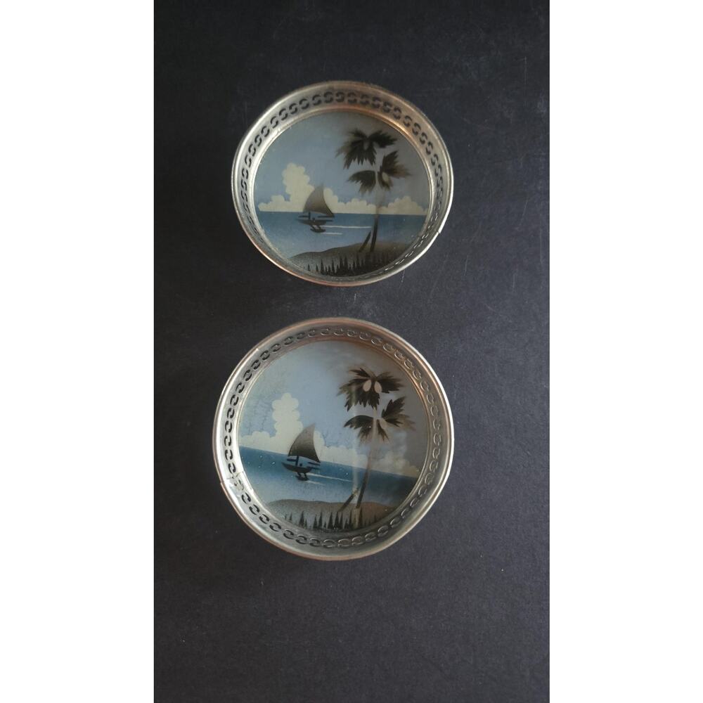 Vintage SGK Glass Coasters Set Of 2 Round Blue Sailboat Palm Tree Nautical Japan